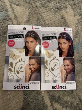 SCUNCI HAIR AND BODY TATTOO. 2 Sheets Each Gold & Silver 2 Pack 4 Sheets Total